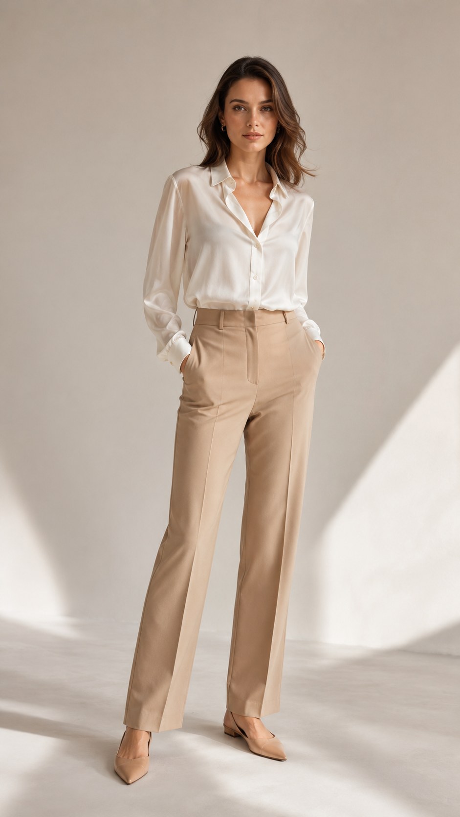 1. Tailored Trousers + Silk Blouse + Pointed-Toe Flats