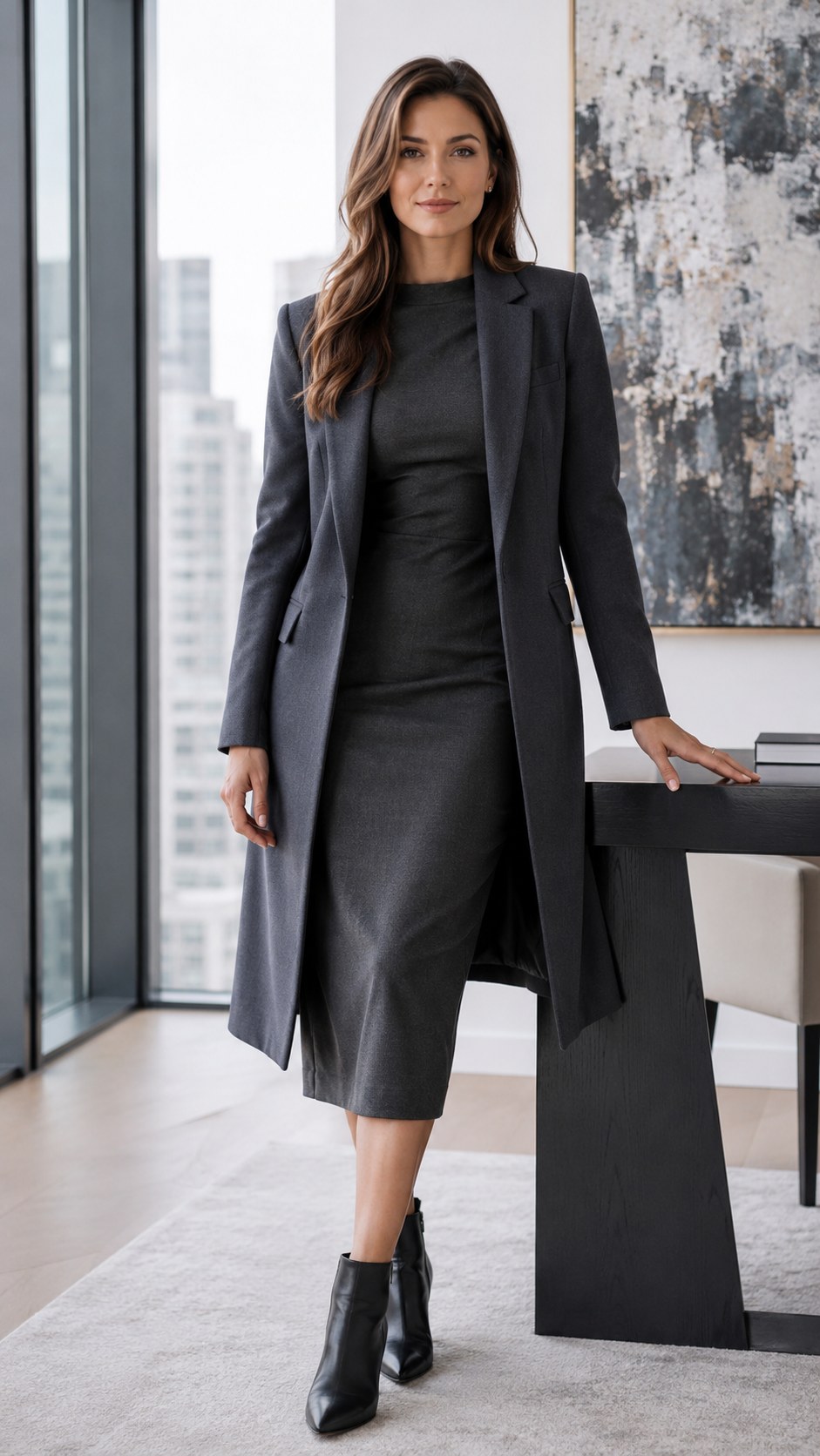 12. Structured Midi Dress + Long Blazer + Ankle Boots