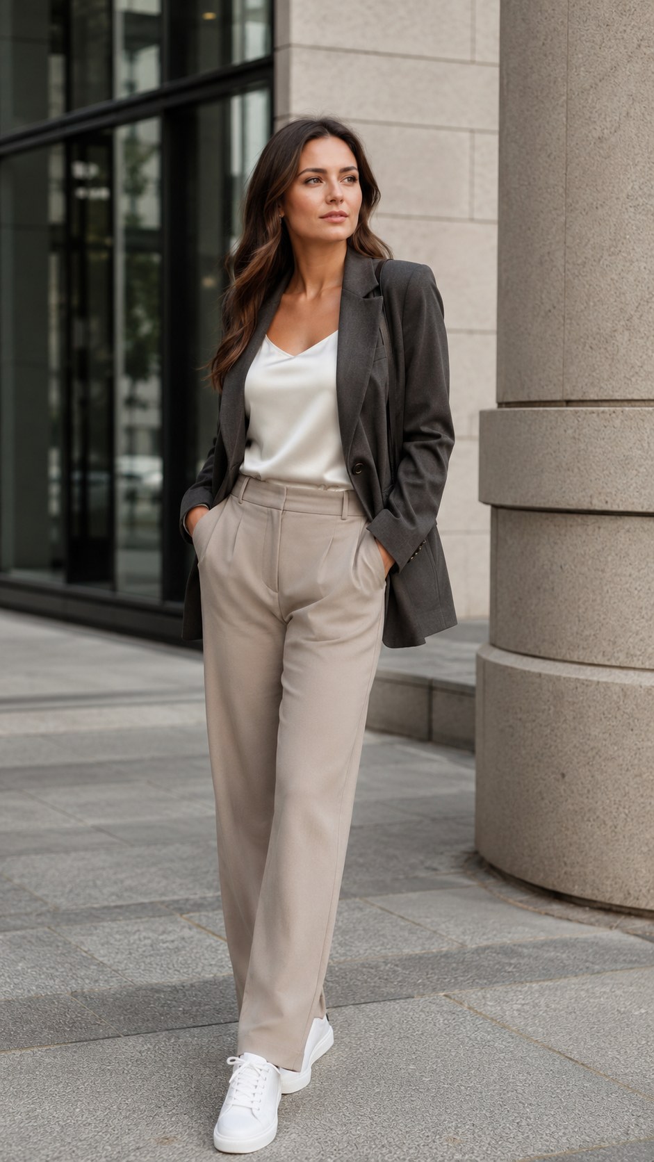 15. Blazer + Relaxed Trousers + Clean White Sneakers