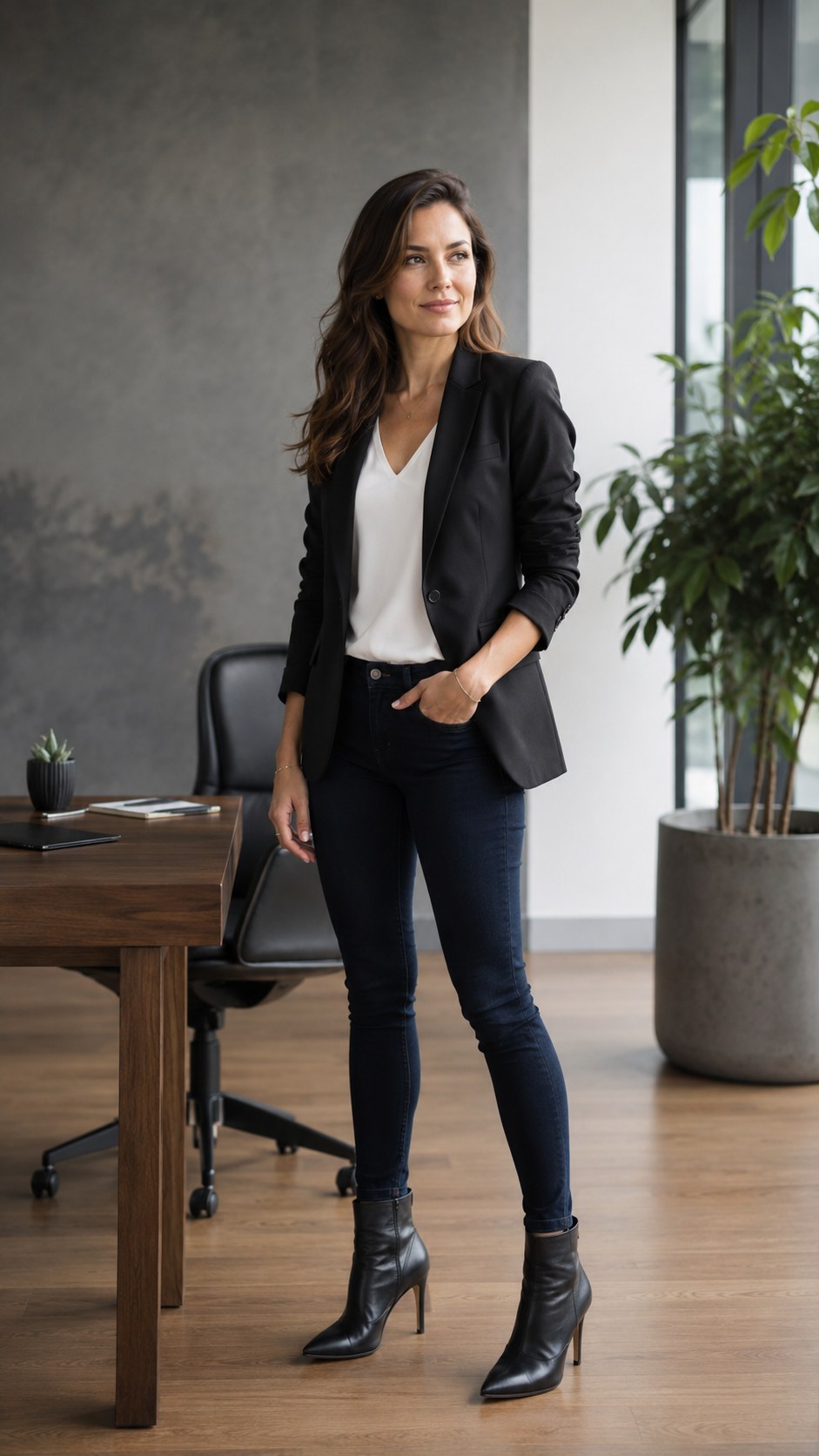 3. Dark Jeans + Blazer + Heeled Ankle Boots