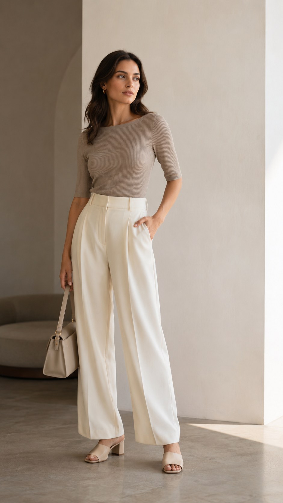 4. Wide-Leg Trousers + Fitted Top + Block-Heel Mules