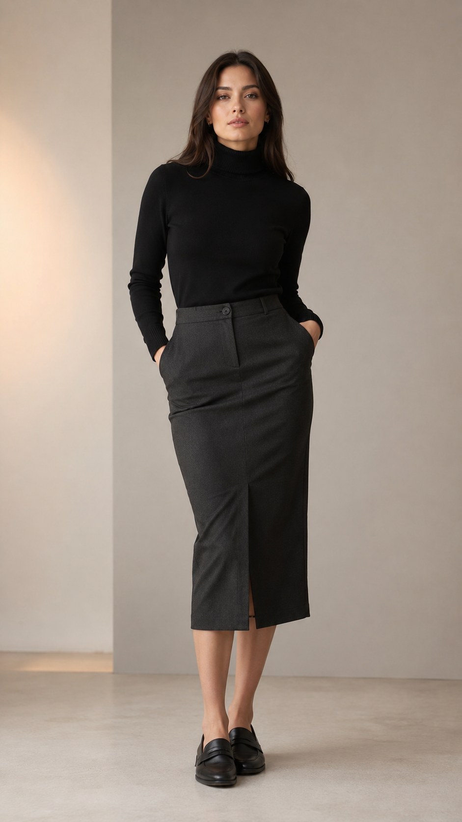 5. Midi Skirt + Fitted Turtleneck + Loafers