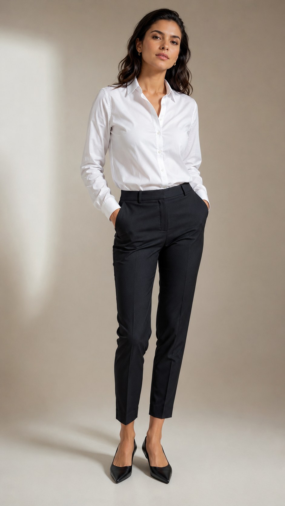 8. Cigarette Trousers + Structured Blouse + Pointed Flats