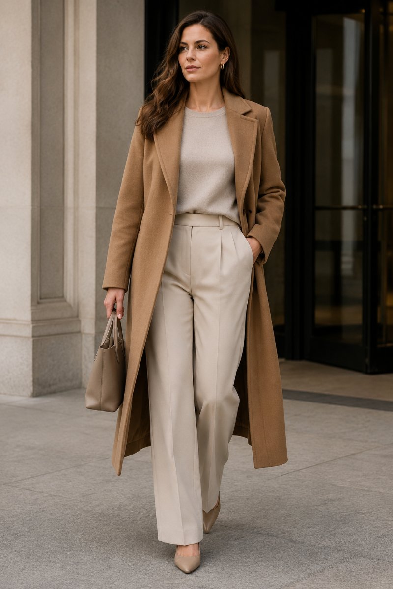 Woman wearing a tailored camel wool overcoat