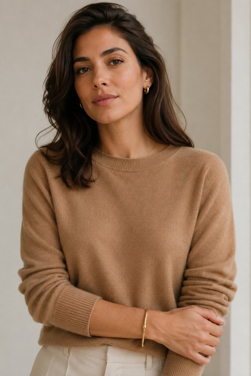 Woman wearing a fine-gauge camel knit sweater