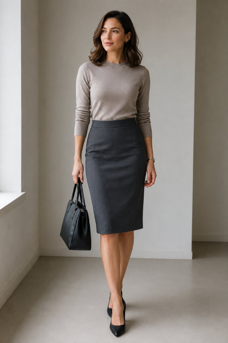 Woman wearing a knee-length pencil skirt with a knit