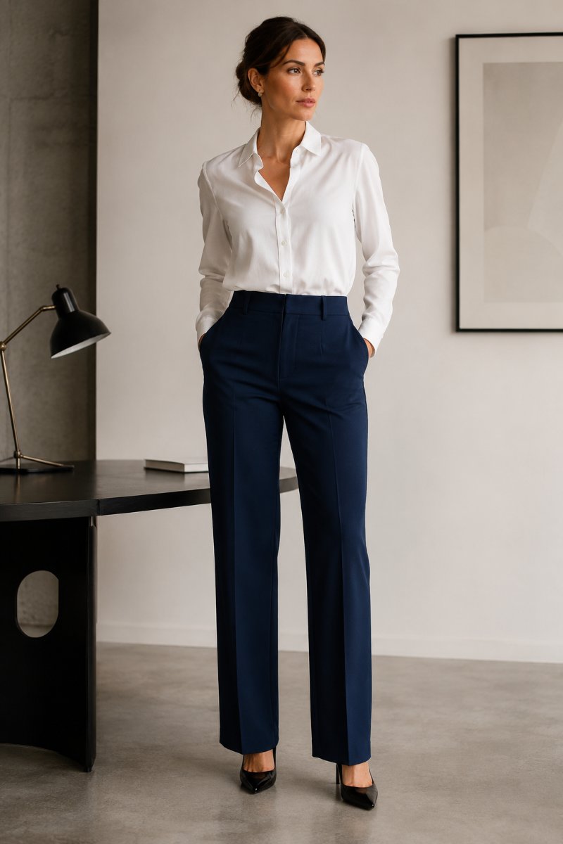 Woman wearing tailored navy straight-leg trousers
