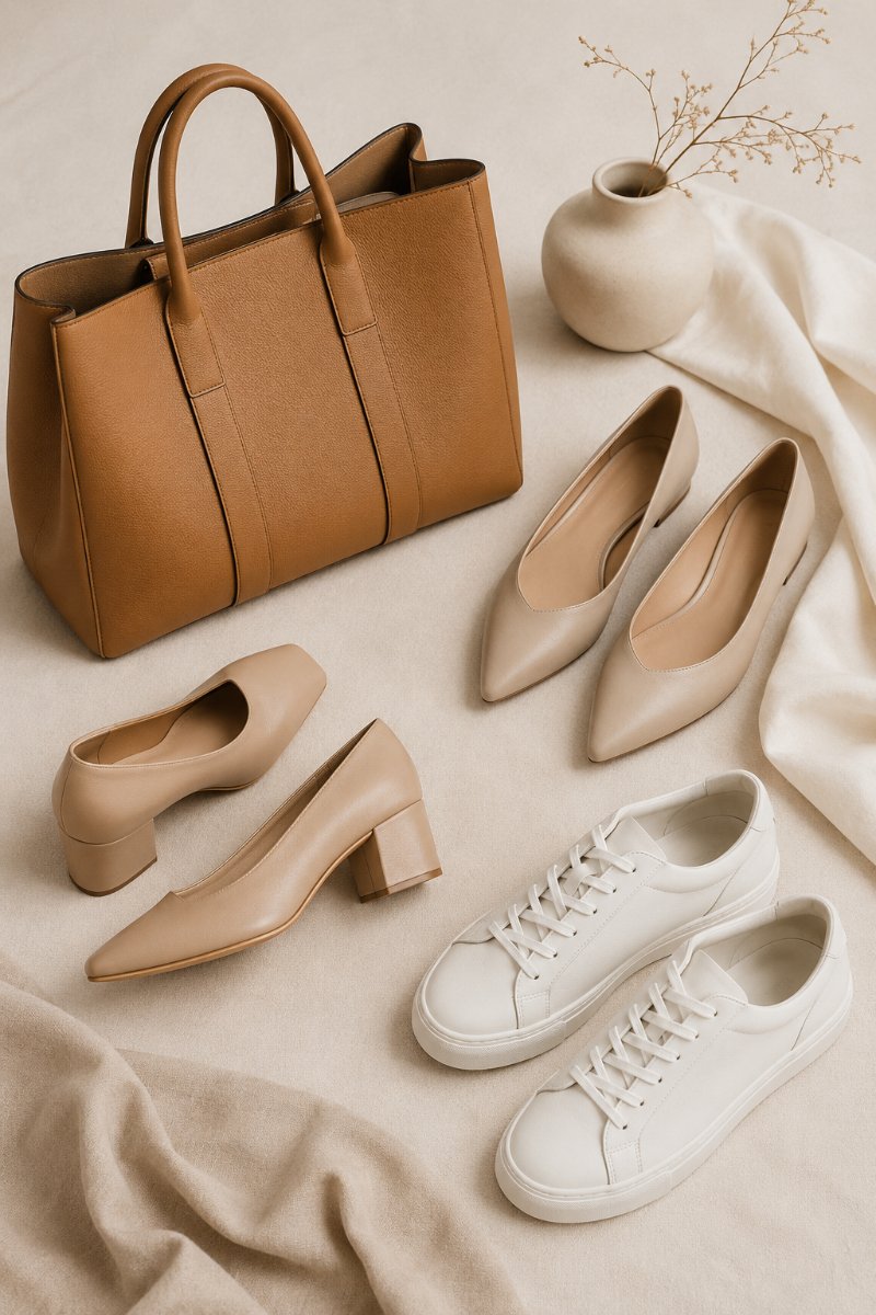 Flat lay of a leather tote with flats and a low heel