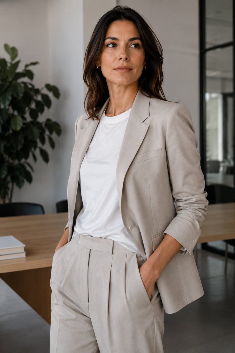Woman wearing a tailored unlined stone blazer
