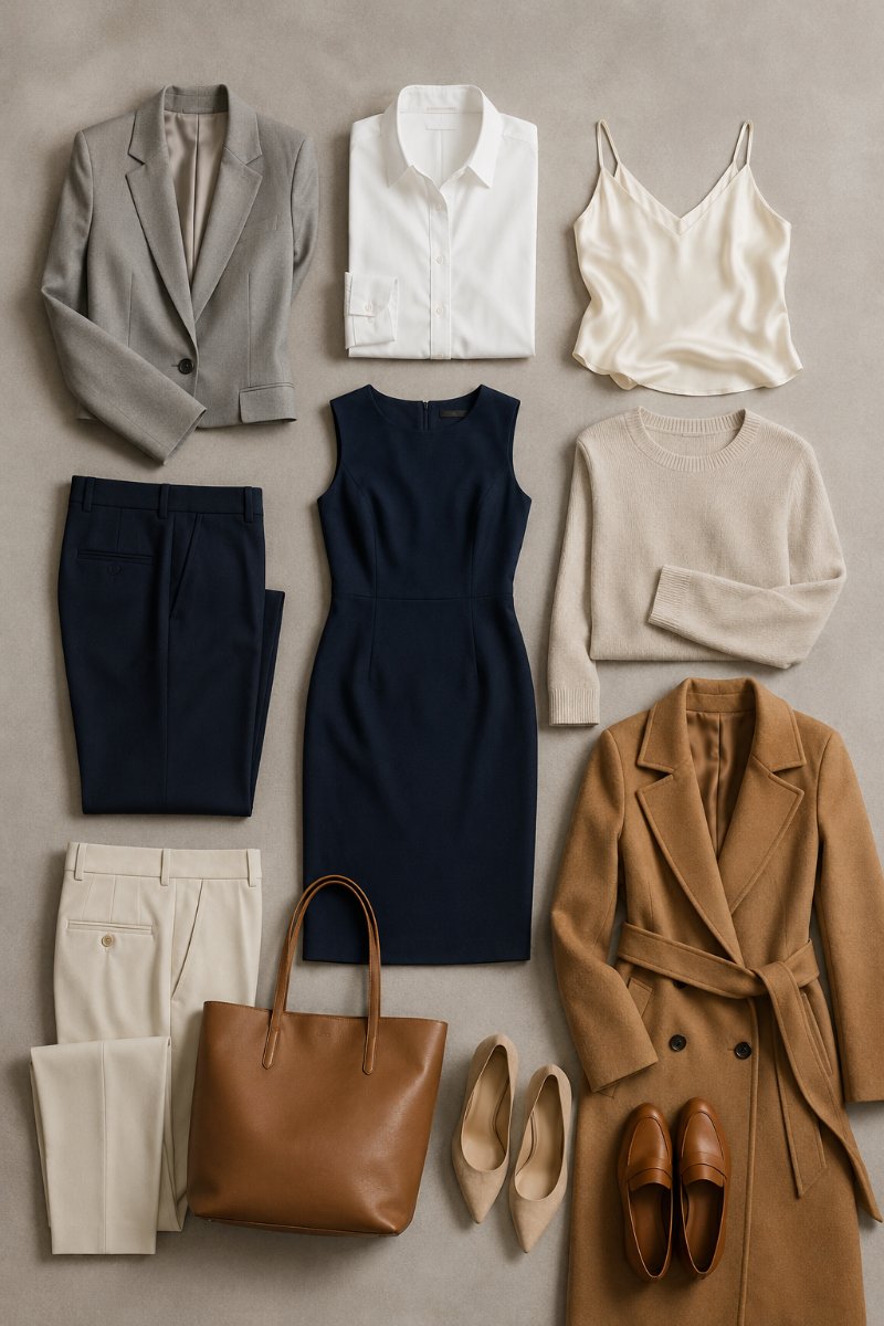 Flat lay of a neutral-toned female entrepreneur capsule wardrobe