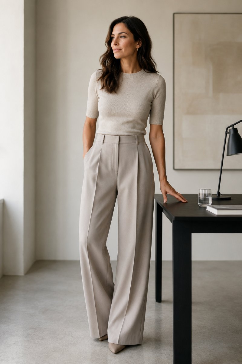 Woman wearing wide-leg crepe trousers