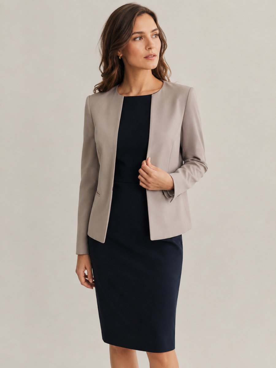 Woman in a collarless blazer and matching trousers, boardroom look