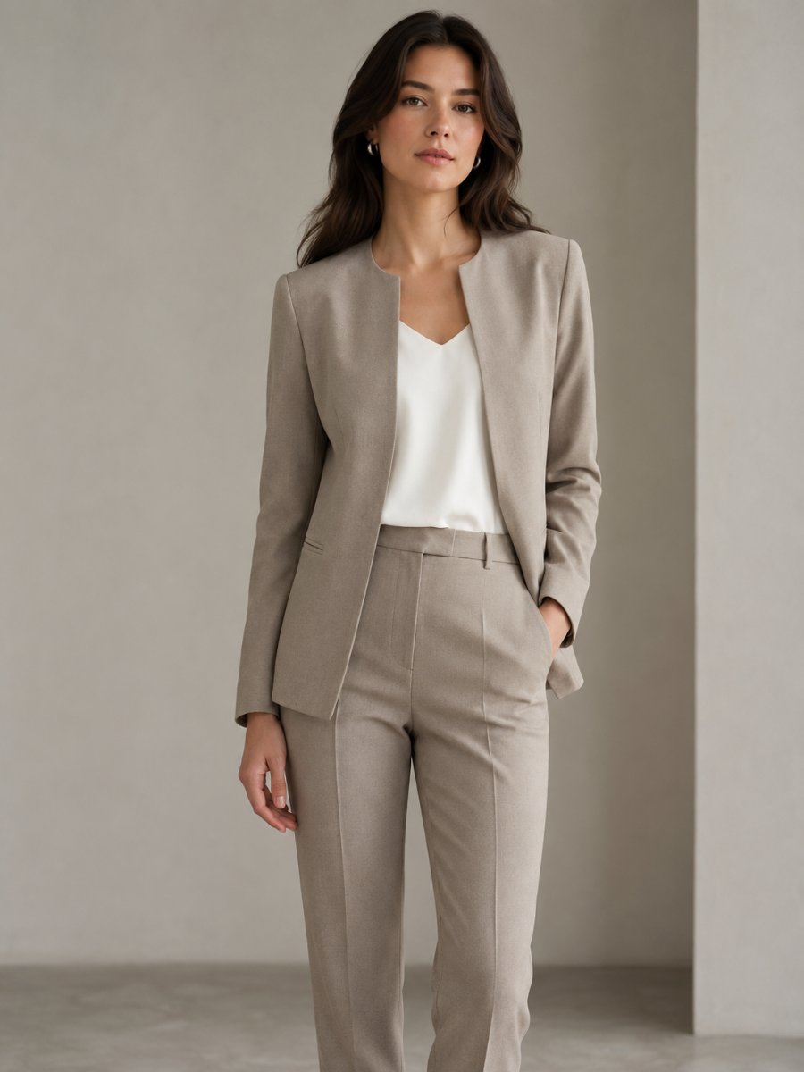 Woman wearing a collarless blazer, styled for the office