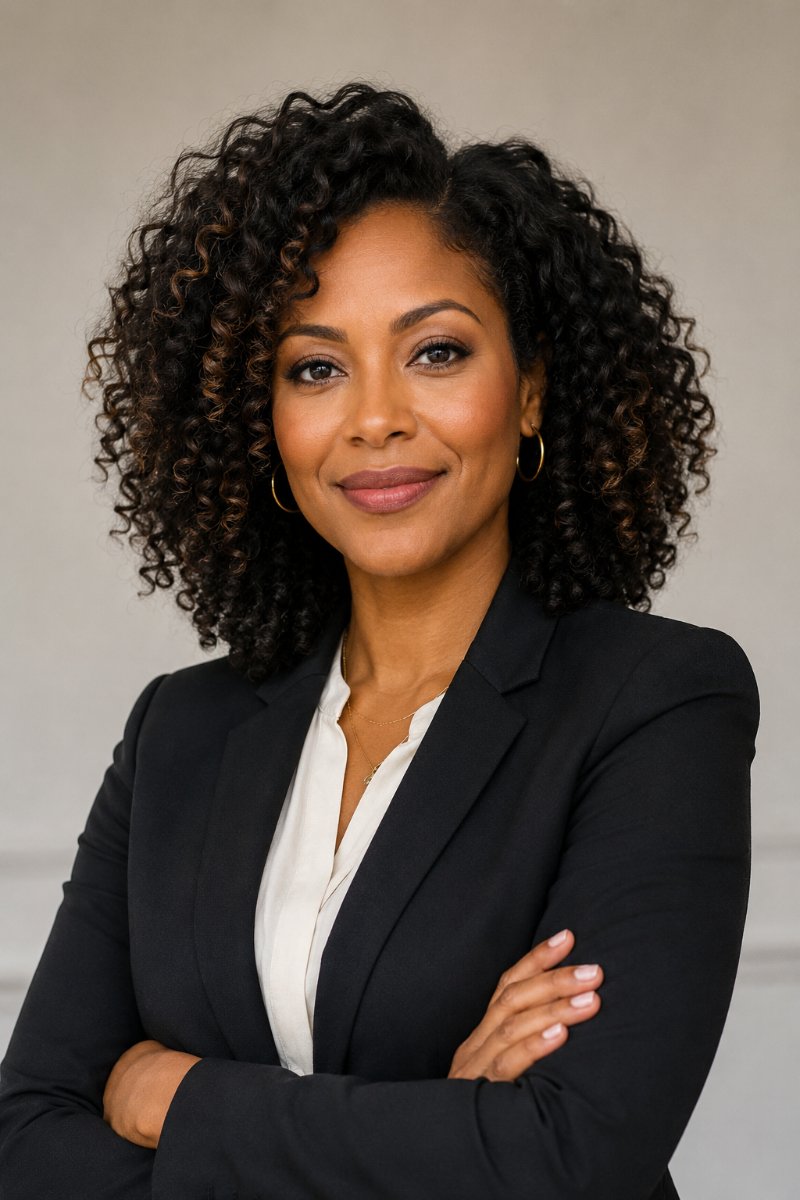 Female executive with enhanced natural curly textured hair