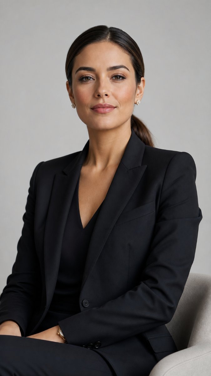 Female executive with a sleek smooth low ponytail