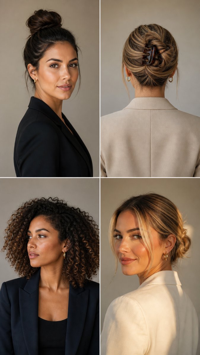 Female executive with a precise polished top knot