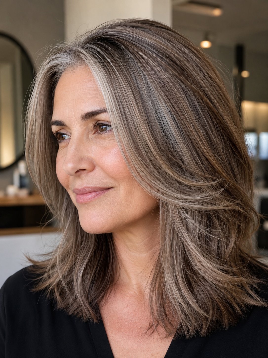 Woman with fine babylights blending soft greys into natural dimensional colour