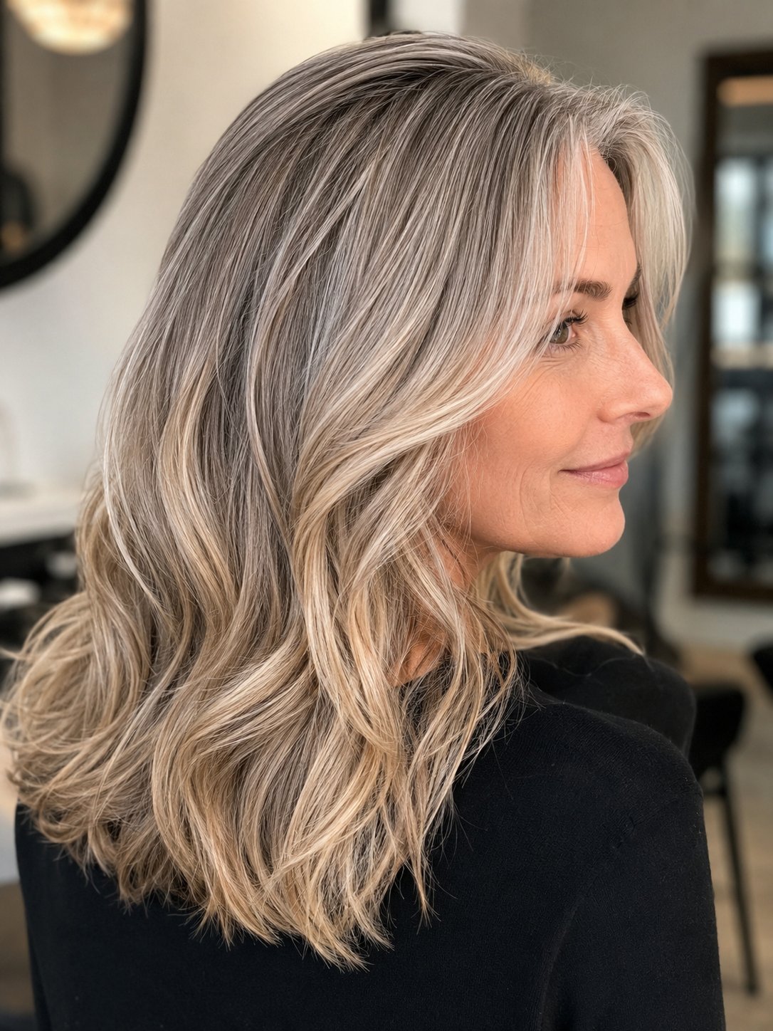 Woman with hand-painted balayage blending grey into lived-in highlights