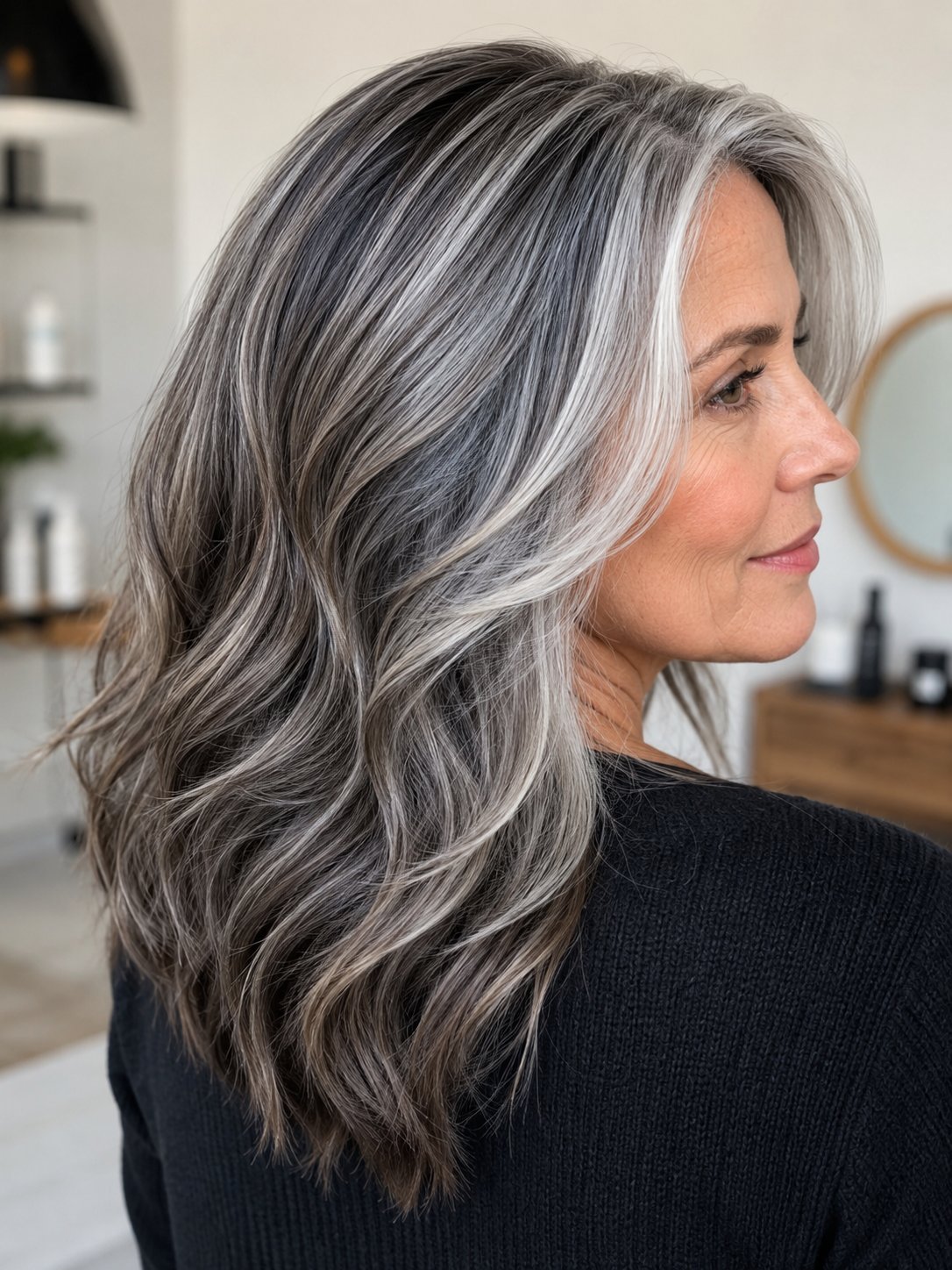 Woman with salt-and-pepper hair given depth with woven lowlights