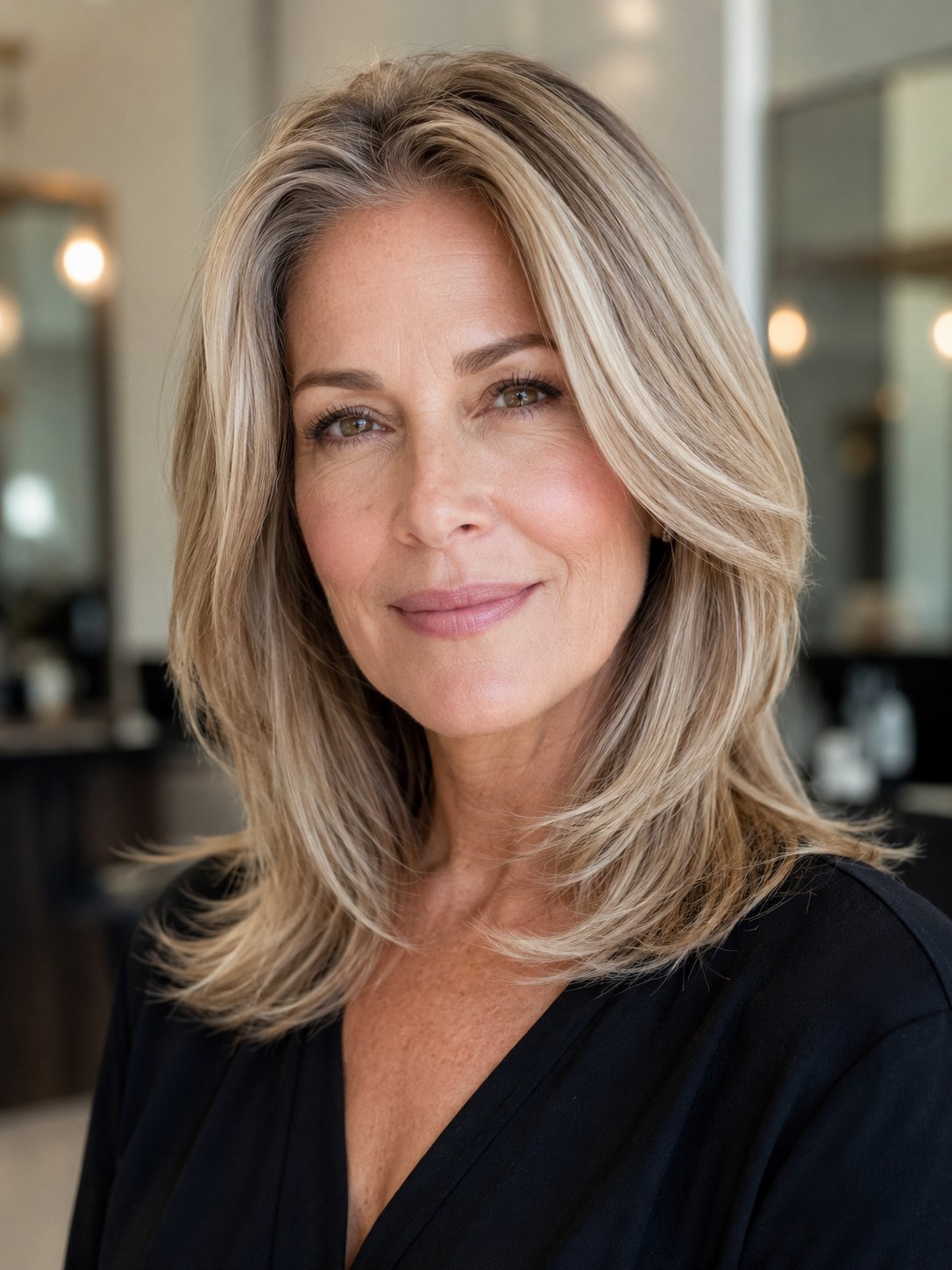 Woman with a lighter blonde and bronde blend that softly hides grey