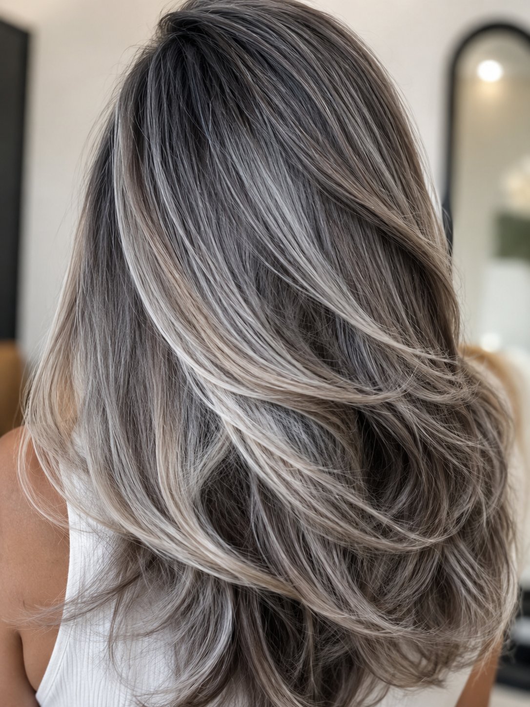 Close-up of glossy toned dimensional grey-blended hair with healthy shine
