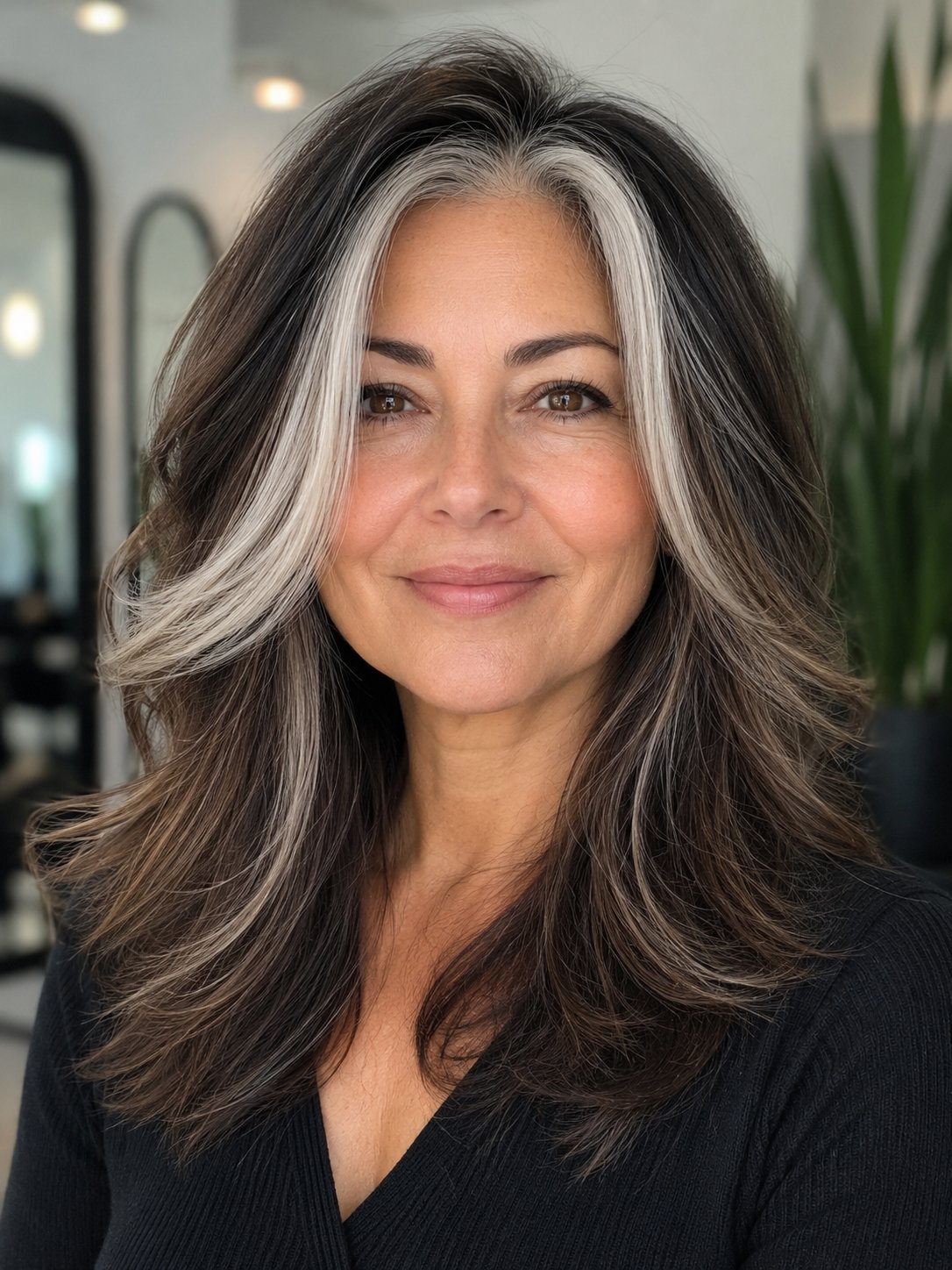 Woman with bright face-framing money-piece highlights blending grey at the hairline