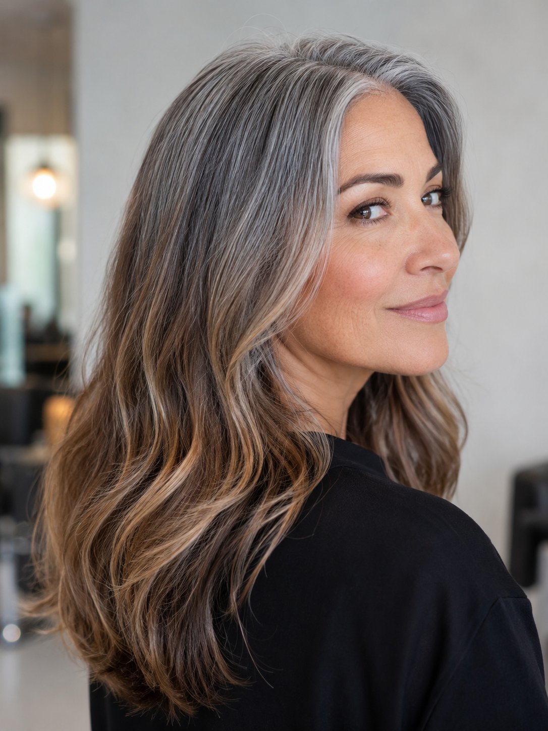 Woman mid gradual grey transition grombre with natural silver blended with colour