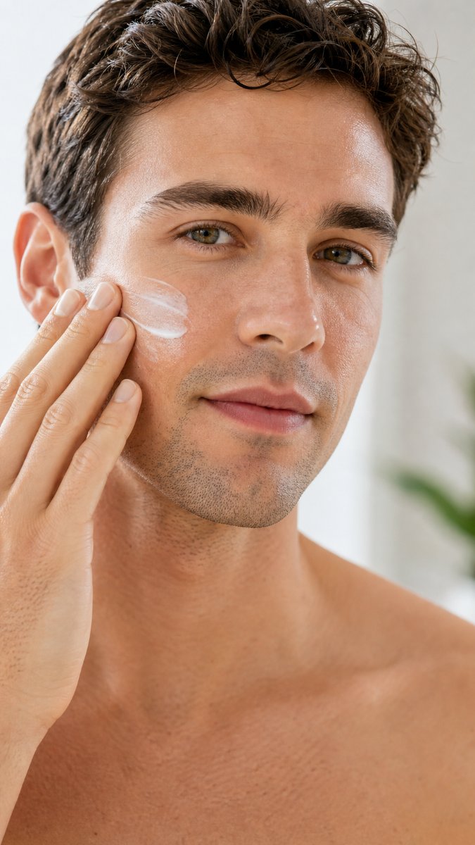 Man having a cooling summer shave with shaving cream