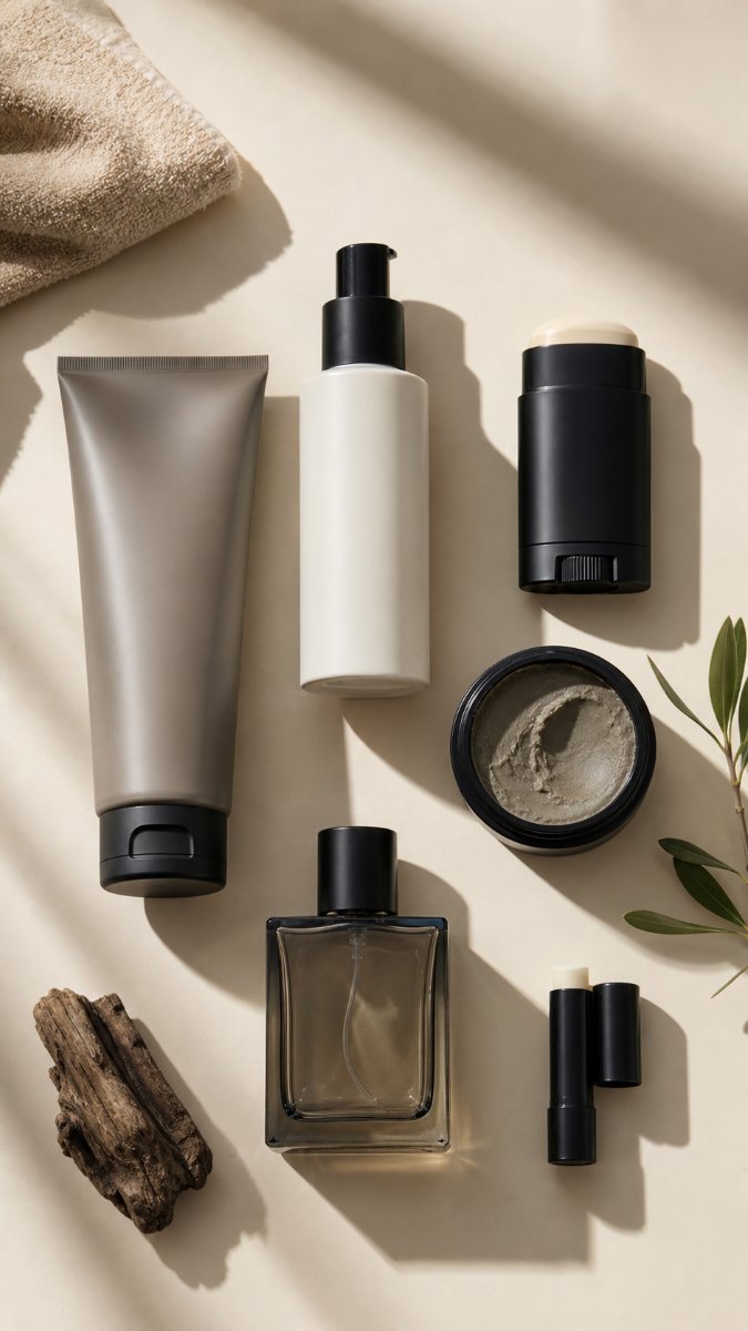Flat lay of a modern mens summer grooming kit on a neutral background