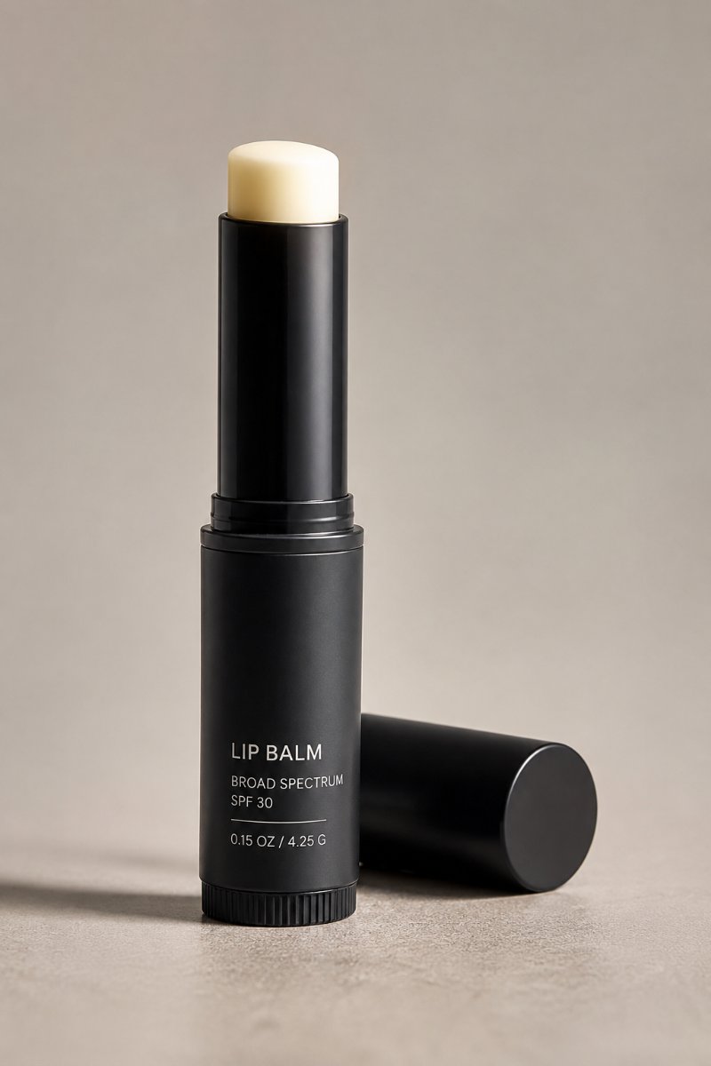 SPF lip balm on a neutral background
