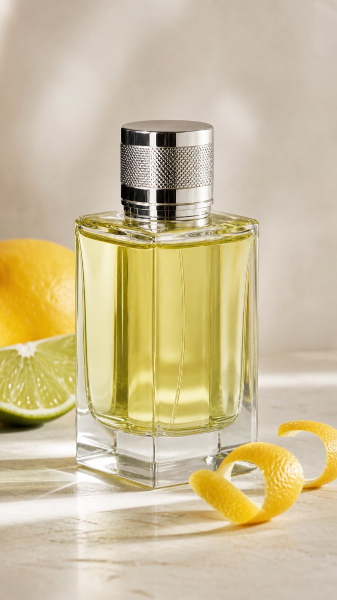 Fresh citrus summer fragrance bottle on a neutral background