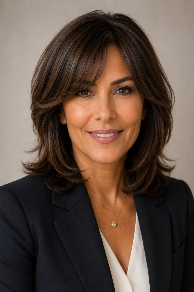 Woman with a shoulder-length cut and soft curtain bangs