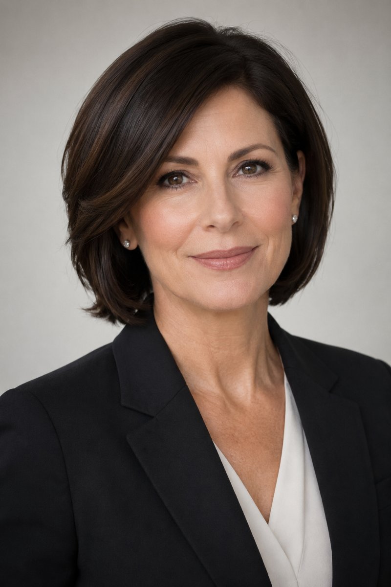 Woman with a side-parted bob with subtle layers