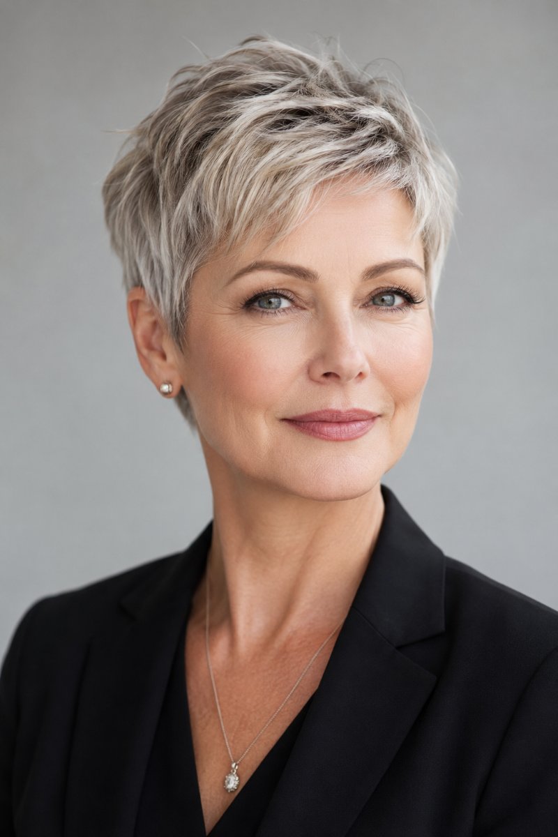 Professional woman with a chic textured pixie cut