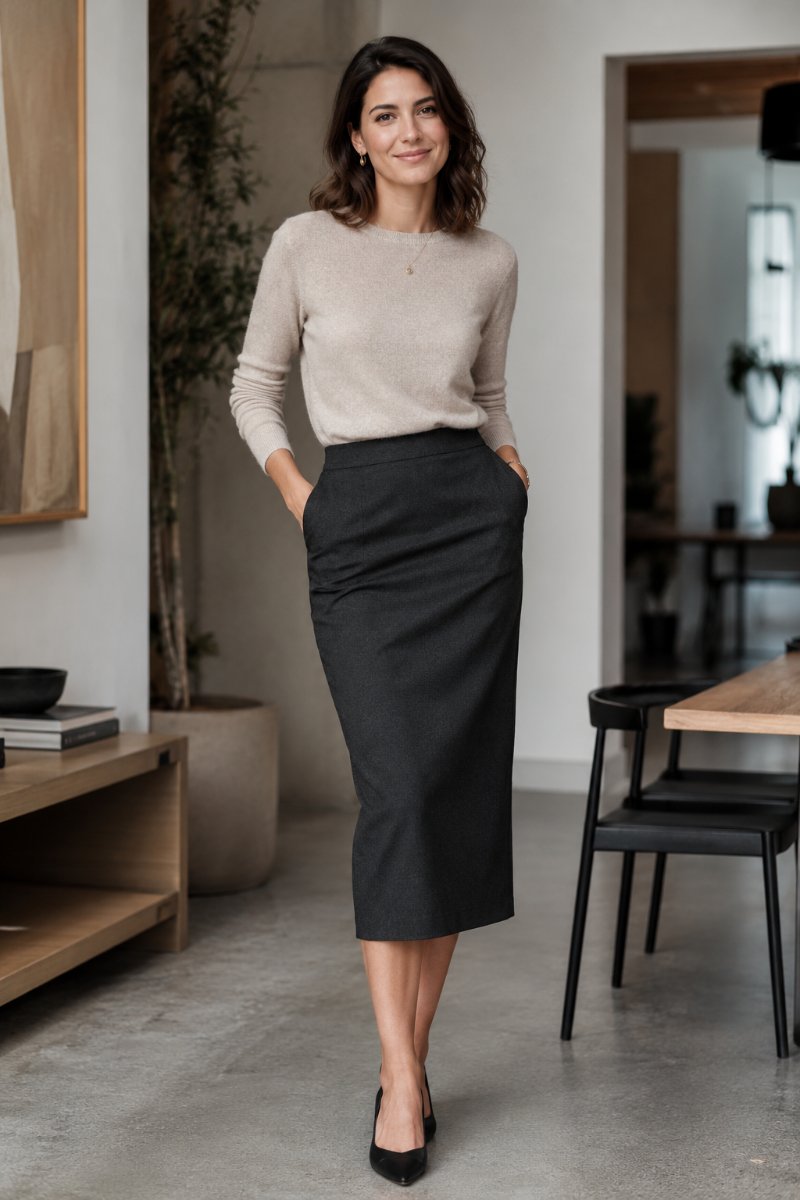 Woman in a fine knit and tailored skirt smart casual interview look