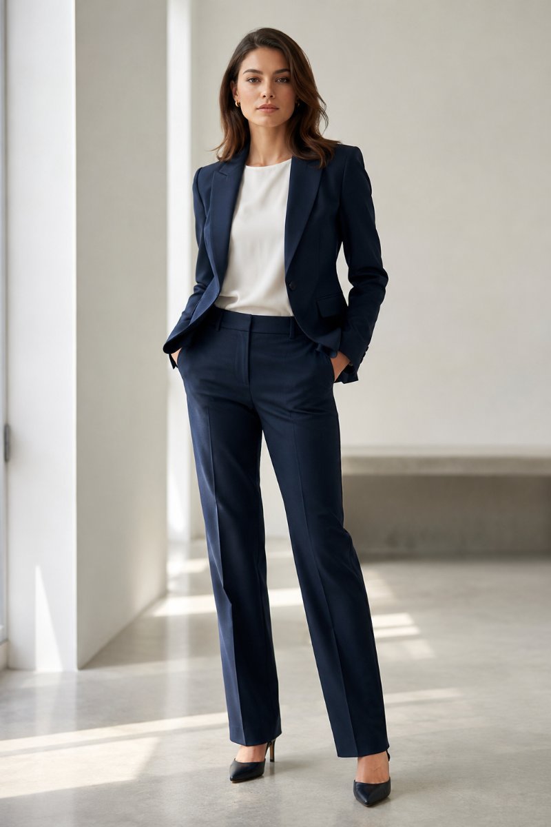 Woman in a tailored navy trouser suit for an interview