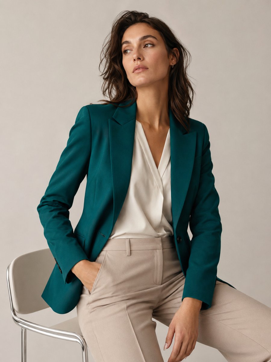 Woman in a jewel-toned blazer with neutral tailoring