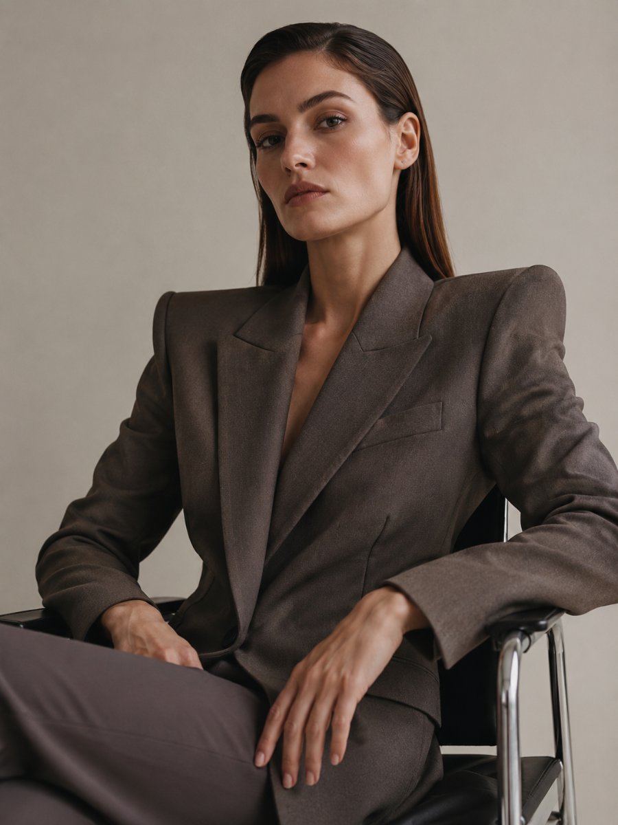 Woman in a strong sculptural shoulder-forward blazer