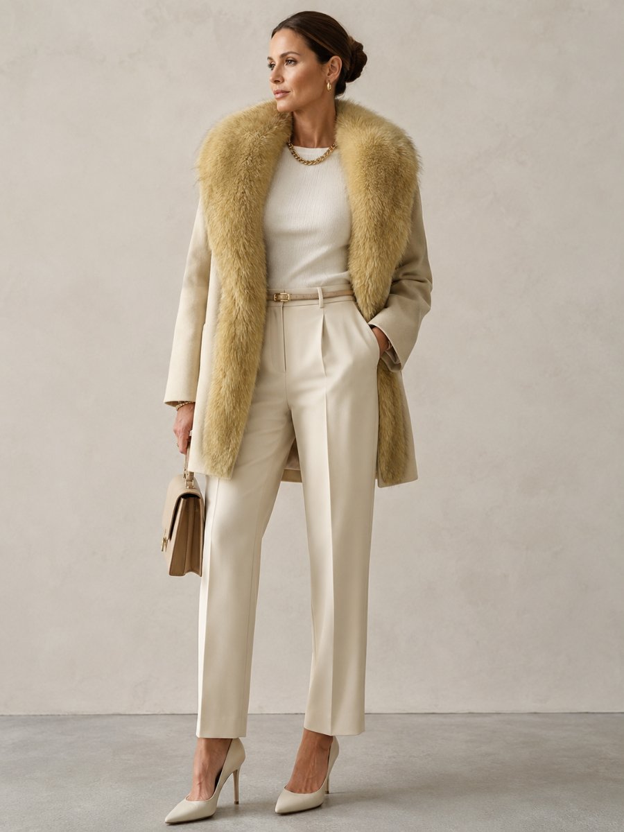 Woman in a loud luxury outfit with one statement piece against neutrals