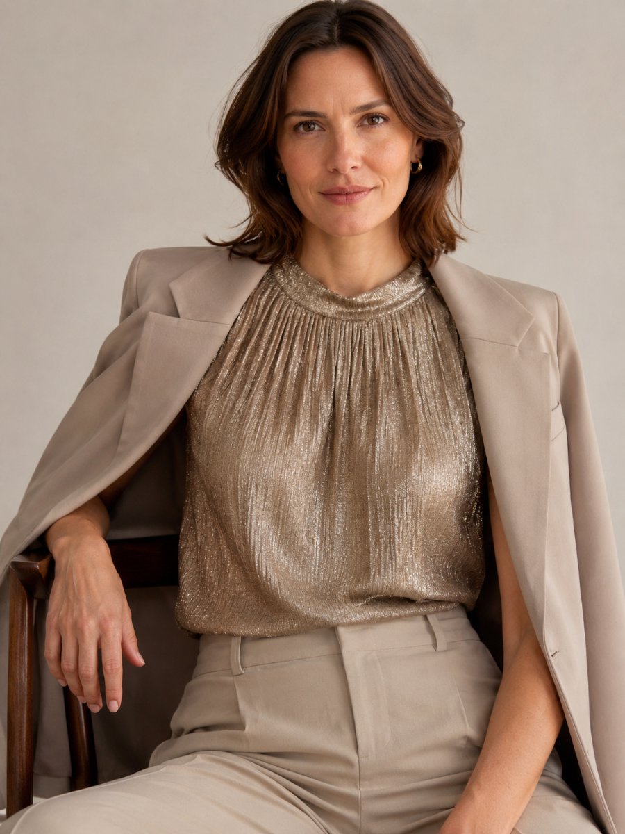 Woman in a subtly metallic textured piece against matte neutrals