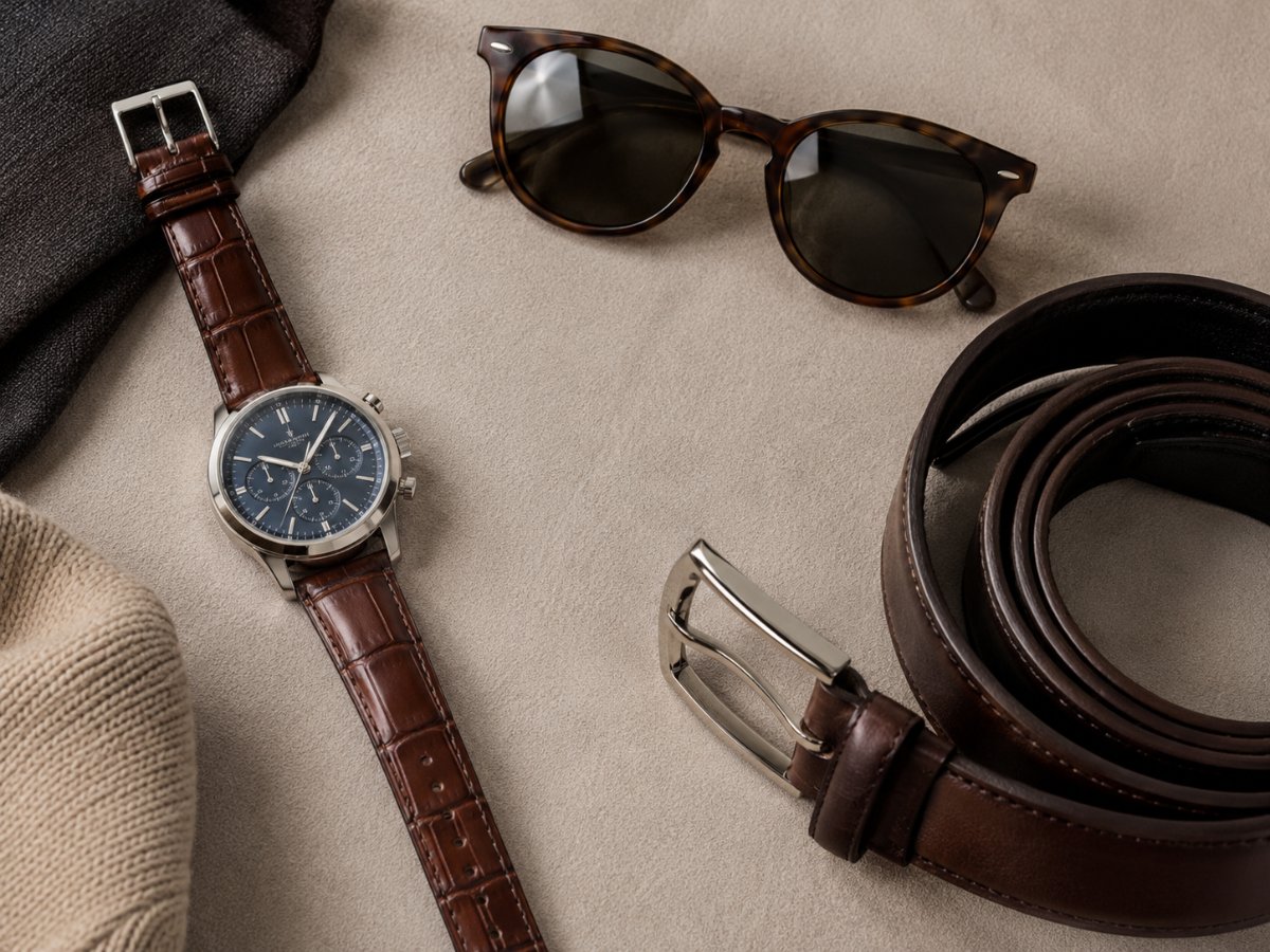 Flat lay of a leather-strap watch, sunglasses and a belt