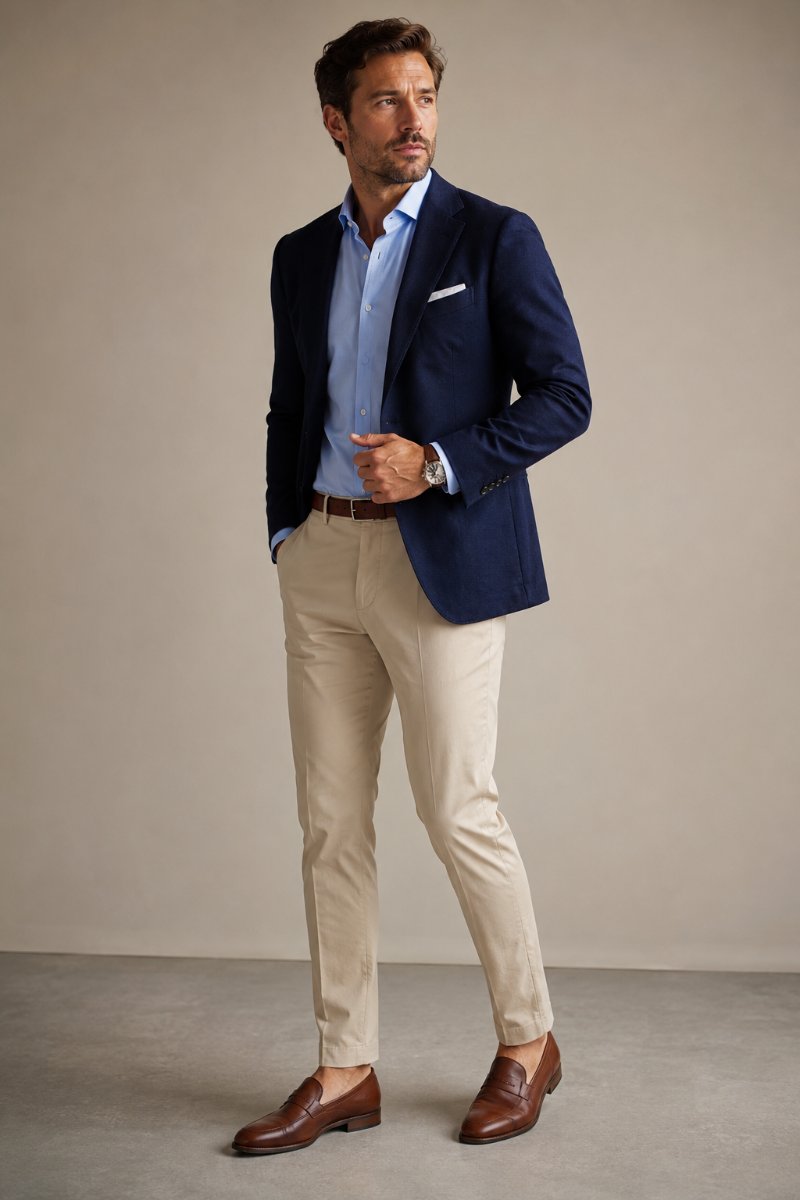 Man in an expensive-looking business casual outfit