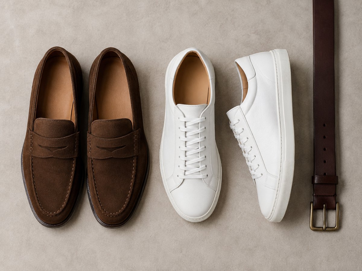 Flat lay of brown leather loafers and a minimal white sneaker