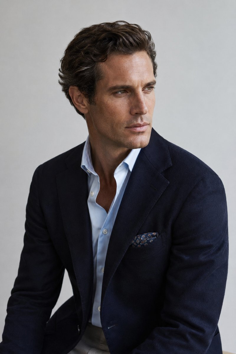 Man wearing a well-fitted unstructured navy blazer