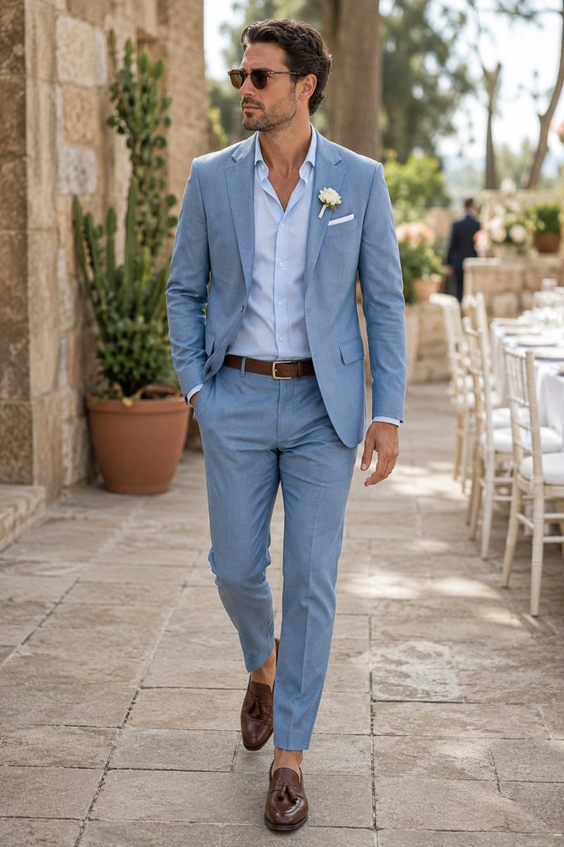 Man in a dusty blue lightweight suit at a summer wedding