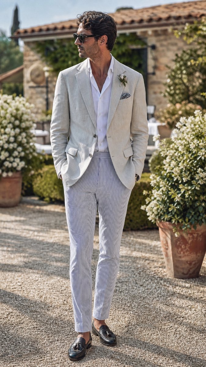 Man in a linen blazer with seersucker trousers at a summer wedding