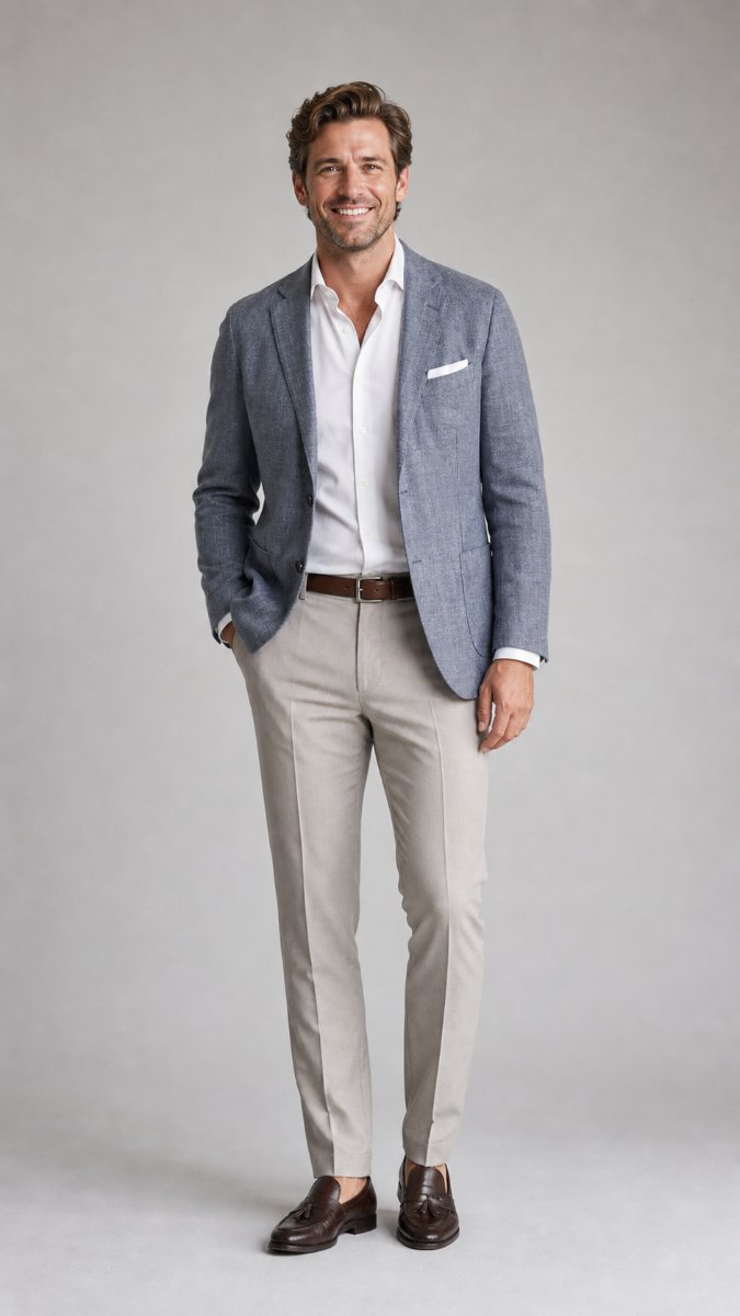 Businessman in a polo shirt and tailored trousers, smart casual