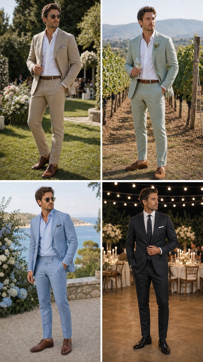 Man in a sage green linen suit at a summer wedding