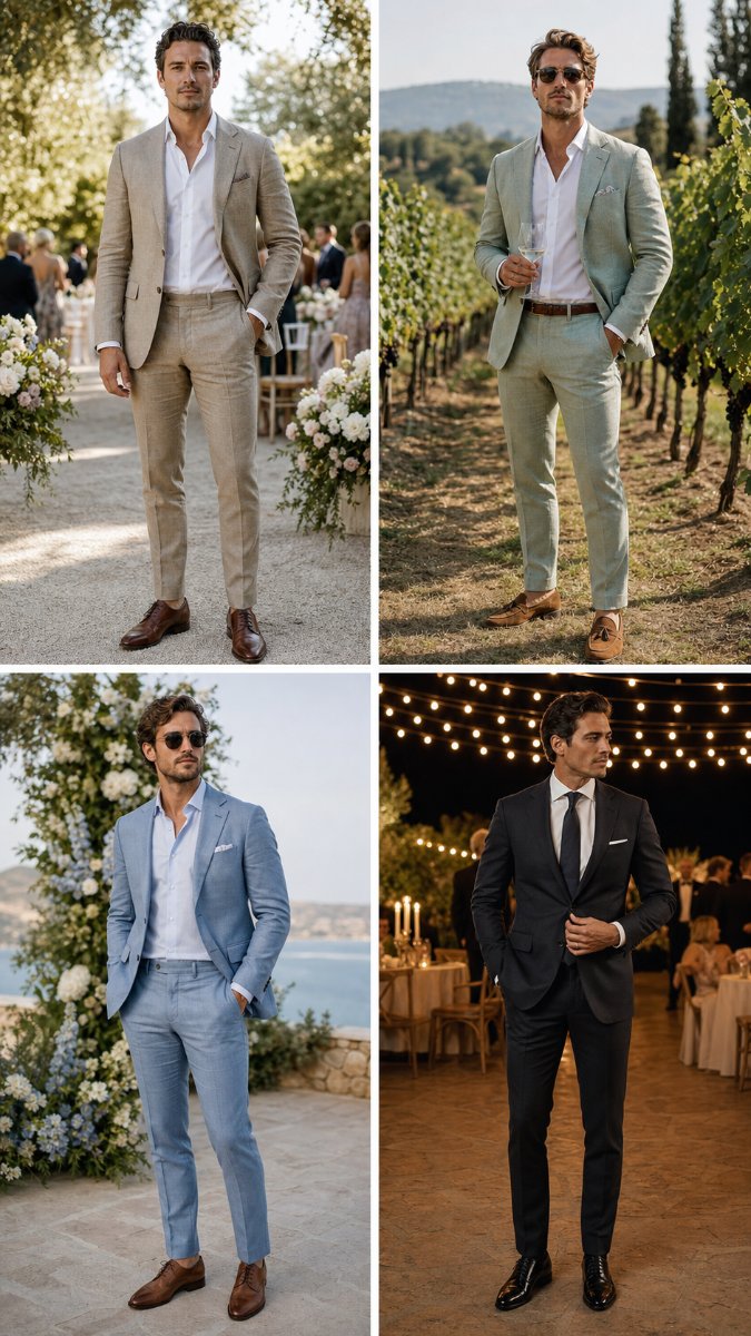 Man in a stone taupe linen suit at a summer garden wedding