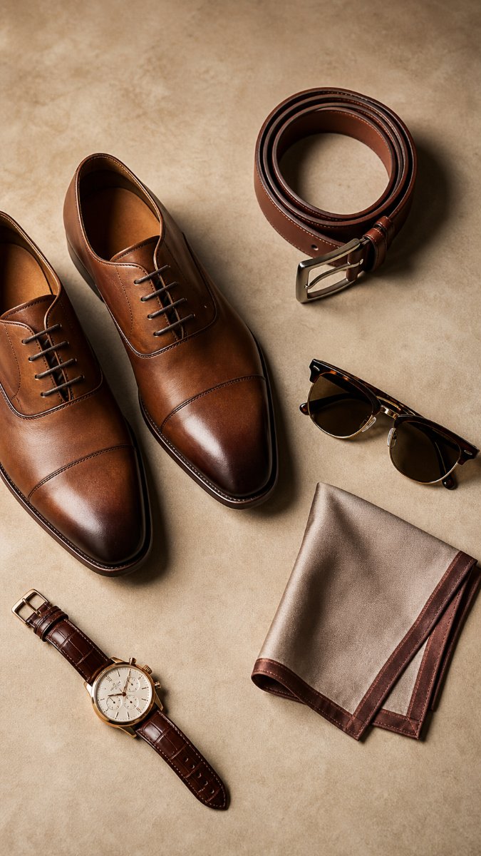 Flat lay of summer wedding accessories: shoes, belt, watch, sunglasses